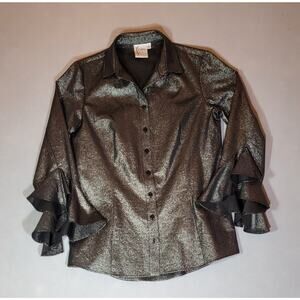 Finley Black Glitter Button Down Blouse Bell/Flare Sleeve Small S
